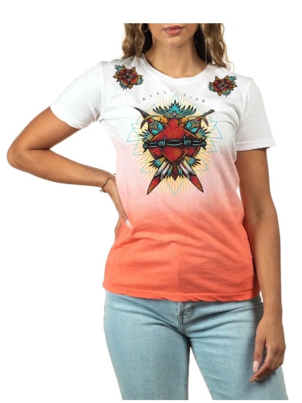 Affliction White to Coral Ombre Heart-Dagger Graphic Tee